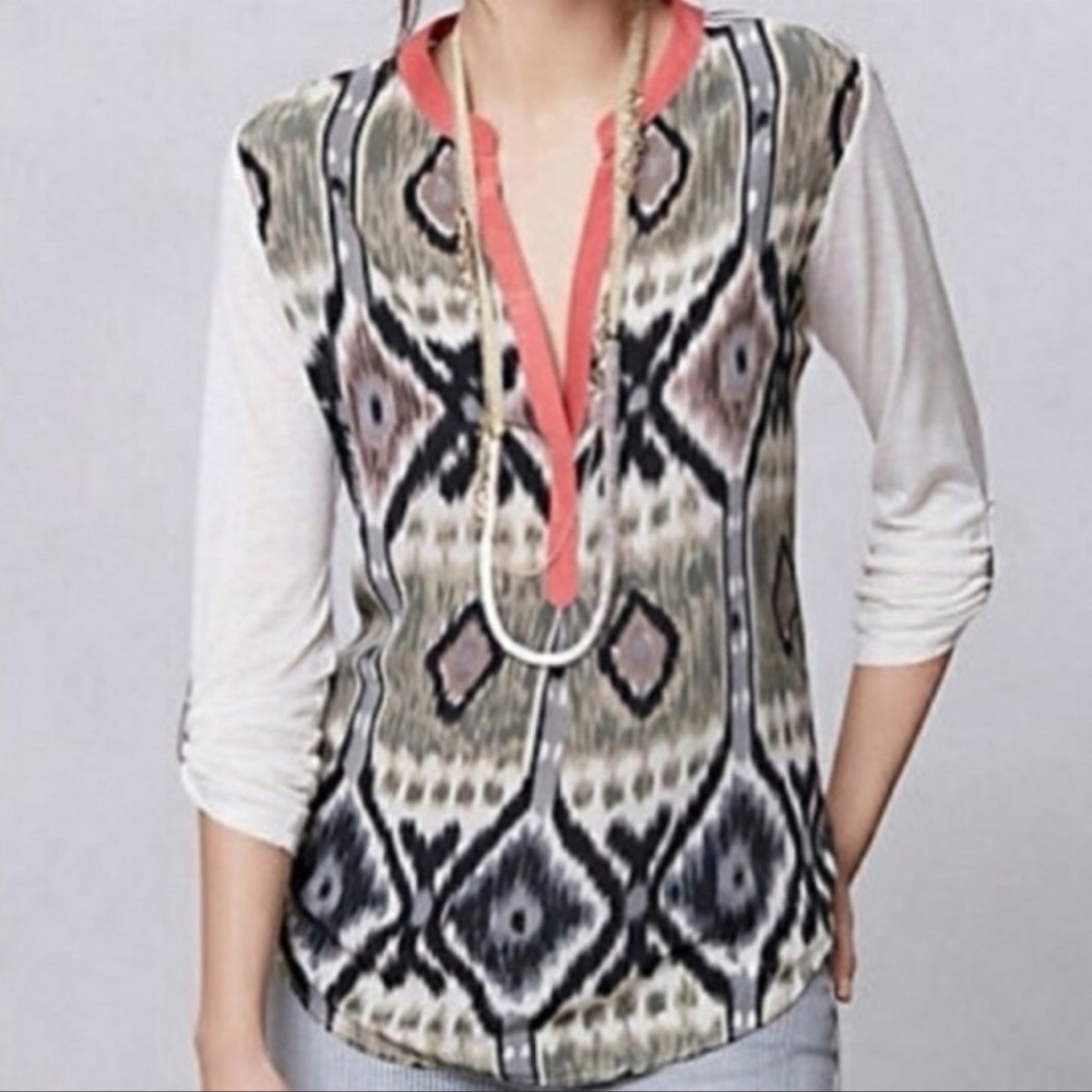 Anthropologie Tiny Sima Ikat Roll Tab Sleeve Mixed Media Print Blouse Size Small
